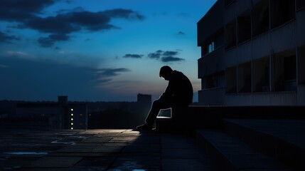 silhouette of a depressed man sitting on the roof of a residential building, embodying loneliness, sadness, and despair.