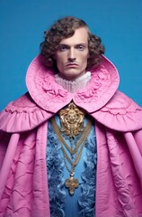 funny photo of a man in baroque clothes, pink color and serious facial expression