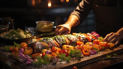 Fototapeta premium male chef's hands, no face, decorating food under the light of the kitchen interior lights