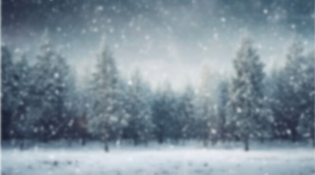 Blurred image of a snowy forest in the midnight, suitable for use as a winter background.