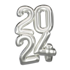 Happy New Year 2024 metallic Silver foil balloons. 3D render Platinum Helium balloons 2024.
