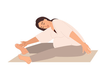 Young Pregnant Woman do Sport and Stretching to the feets,Realxing in Yoga Practice.Preparation for childbirth Exercises.Female Calmimg,Practising Meditation.Training Class.People Vector Illustration