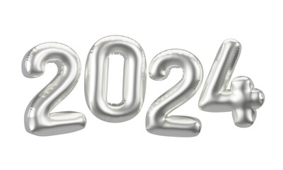 Happy New Year 2024 metallic Silver foil balloons. 3D render Platinum Helium balloons 2024.