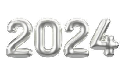Happy New Year 2024 metallic Silver foil balloons. 3D render Platinum Helium balloons 2024.