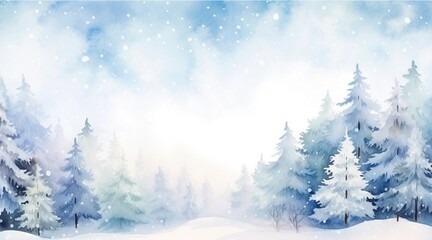 Watercolor snow-covered landscape in the daytime, mountain landscape with a pine forest and snow for winter background.