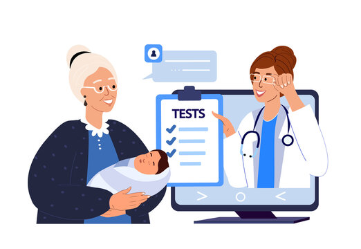 Grandmother with newborn taking Consultation of Pediatrician online.Video call with doctor.Caring Granny Dundle a Baby.Online Hospital.Conversation with Doctor.Home Medical Consultation.Vector