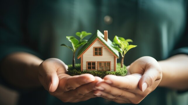 Eine Person h&auml;lt ein Miniatur-Haus mit Begr&uuml;nung in ihren H&auml;nden, Immobilienkonzept oder Wohnungsbaudarlehen f&uuml;r Investoren, das erste eigene Haus, Kauf einer Immobilie