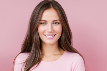 Fototapeta premium Portrait beautiful green eyes model woman with white teeth smile, healthy long hair and beauty skin on pink background. Concept of advertising dentist and facial care. Generative AI