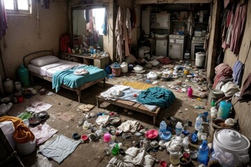 Room in a slum with a dirty bed with a pillow and a blanket, pots, broken bottles, pile of garbage, dirt, plastic and food waste. Drug addiction and alcoholism concept. Generative AI