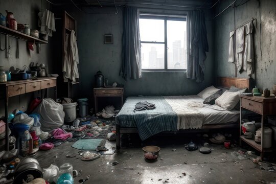 Room in a slum with a dirty bed with a pillow and a blanket, pots, broken bottles, a pile of garbage, dirt, plastic and food waste. Drug addiction and alcoholism concept. Generative AI