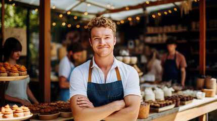 Man wearing apron standing in front of outdoor restaurant, catering, party function - Powered by Adobe