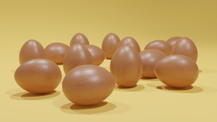 Chicken eggs in shell on a yellow background. 3D rendering.