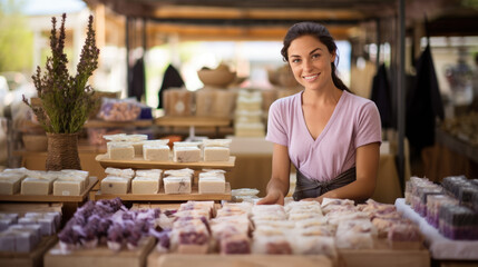 Happy smiling woman working at a handmade soap store, farmers market, small business owner