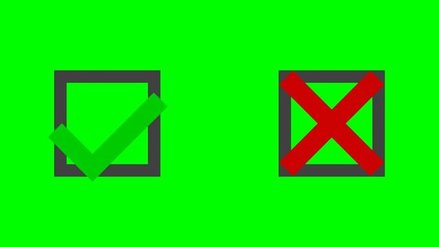 Animation of appearance and disappearance of a green check mark and a red cross in a checkbox on a green background, a white background, a black background and alpha channel in flat design style