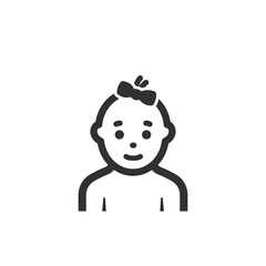 Baby girl icon. Baby with a bow is smiling. Monochrome black and white symbol