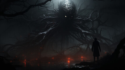 demon of evil, the essence of horror and nightmare darkness, black dark essence silhouette frightening creature phobia, computer graphics