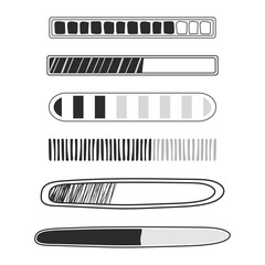 Set Loading bar, progress in doodle style isolated on white background. Indicator, line hand drawn sketch.