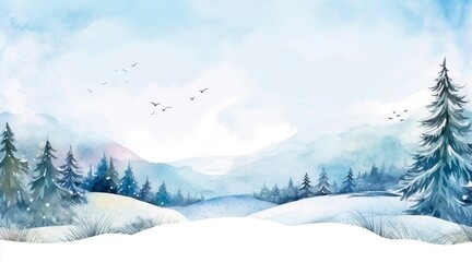 Watercolor snow-covered landscape in the daytime, mountain landscape with a pine forest and snow for winter background.