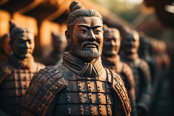 Terracotta Army: Rows of terracotta soldiers guarding the tomb of China's first emperor.Generated with AI - obrazy, fototapety, plakaty