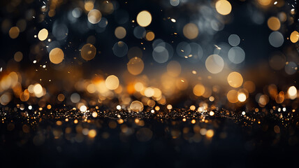 black festive background and barely noticeable golden bokeh sparks of gold in the blur