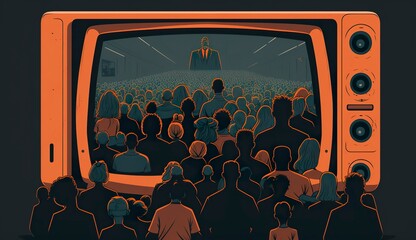 People crowd watching TV. TV addiction, propaganda and fake news concept. 