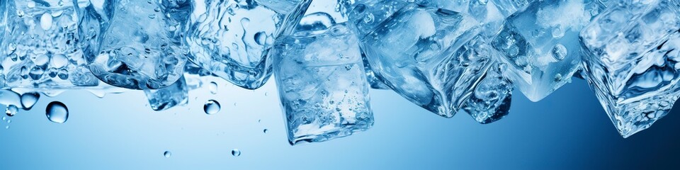 Pieces of ice and water on blue background. 