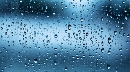 Raindrops on the window. Blue tone. 