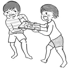 モノクロ　絵本の取り合いをする二人の子供