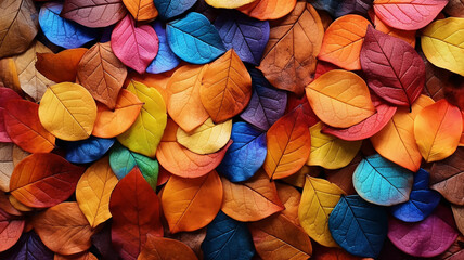 texture multicolored fallen leaves spectrum tiles, abstract bright autumn background leaf fall - obrazy, fototapety, plakaty