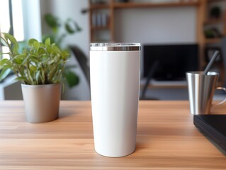 White stainless steel sublimation blank tumblers with straw, product shot. 
