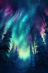 Fototapeta premium Magic Christmas trees forest in winter with northern lights Generative AI