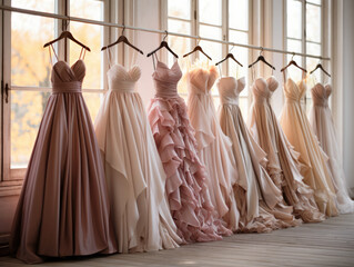 Beautiful autumn pink, beige, brown, cream, ball gown dresses on hangers, wedding dresses and brides maids dresses, indoors studio photoshoot