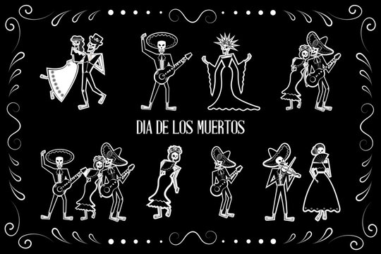 Day of the Dead skeleton sticker set. Dia de los Muertos skeleton characters. 