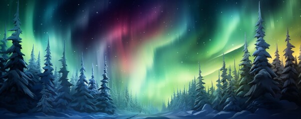 Obraz na płótnie Canvas Magic Christmas trees forest in winter with northern lights Generative AI
