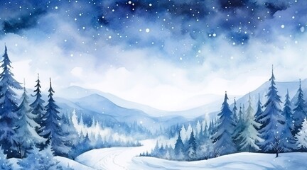 Watercolor winter mountain landscape with pine tree and snow, Night Sky Landscape with Stars, for winter background.