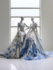 Beautiful blue and white ball gown dresses  on mannequins, clothing boutique photoshoot