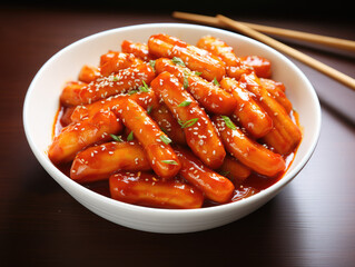 Bowl of Korean rice cake, Korean street food spicy rice cakes in red sauce,  tkeokbokki or topokki 