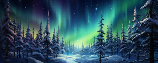 Magic Christmas trees forest in winter with northern lights Generative AI