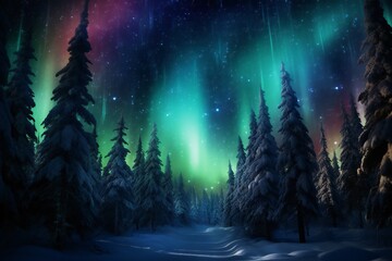 Fototapeta premium Magic Christmas trees forest in winter with northern lights Generative AI