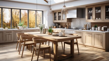 Fototapeta na wymiar Modern kitchen interior with bright shades and classic style wooden table