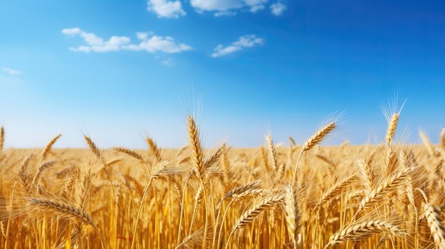 Beautiful field of ripe wheat of golden color against blurred background of blue sky