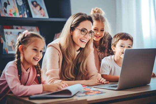 female teacher and student kids watching video together with laptop talking and laughing at class