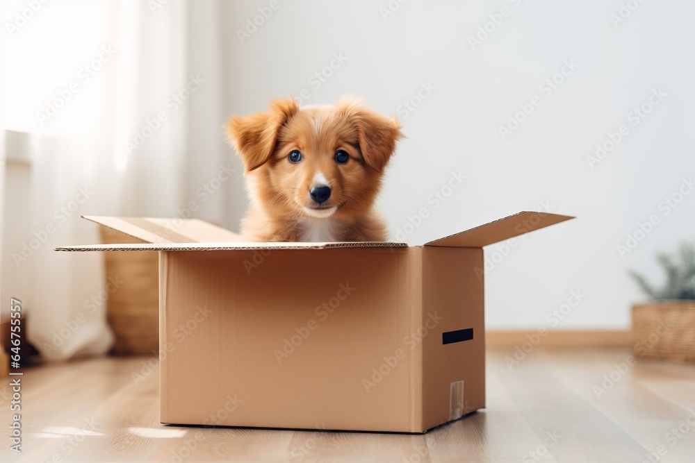 Wall mural Dog in a box. The concept of moving with pets