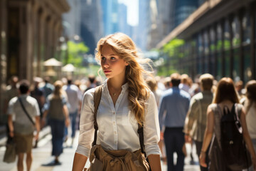 Fototapeta premium A beautiful woman walking down a street in a busy city in summer
