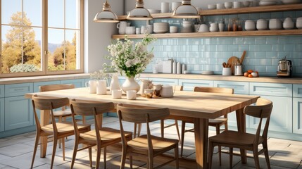 Fototapeta na wymiar Modern kitchen interior with bright shades and classic style wooden table