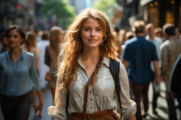 Fototapeta premium A beautiful woman walking down a street in a busy city in summer
