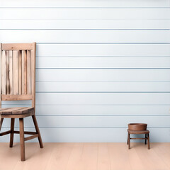 rustic wooden chair by the rustic wall  , interior with minimal concept , copy space , wall paint backdrop , generative ai 