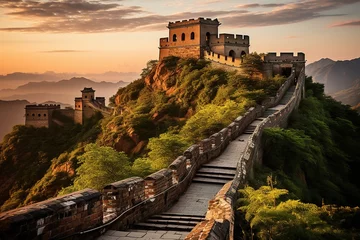 Tableaux ronds sur aluminium Mur chinois The Great Wall of China: Majestic view of the iconic Great Wall snaking through lush landscapes.Generated with AI
