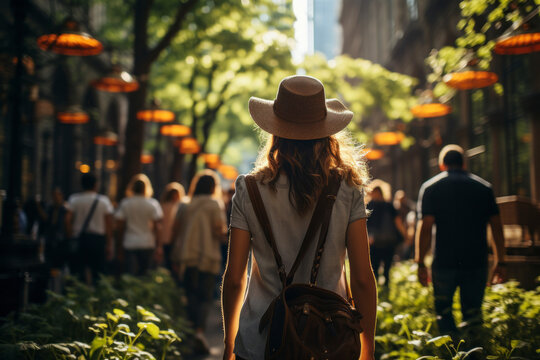 A beautiful woman walking down a street in a busy city in summer