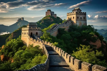 Fotobehang The Great Wall of China: Majestic view of the iconic Great Wall snaking through lush landscapes.Generated with AI © Chanwit